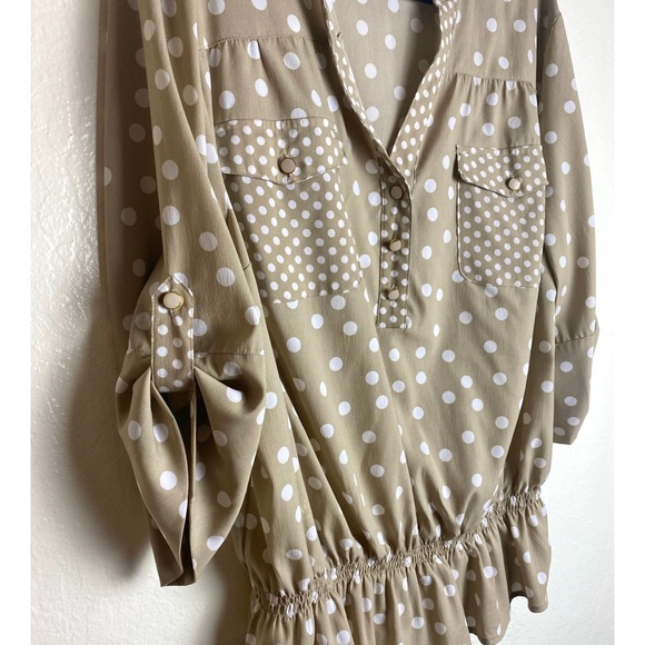 Cuff Sleeve Taupe and White Polka Dot Blouse - Picture 3 of 3